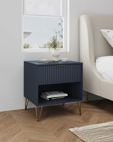 Manhattan Comfort Dumbo Modern 20" Fluted Nightstand in Midnight Blue (1-Drawer)