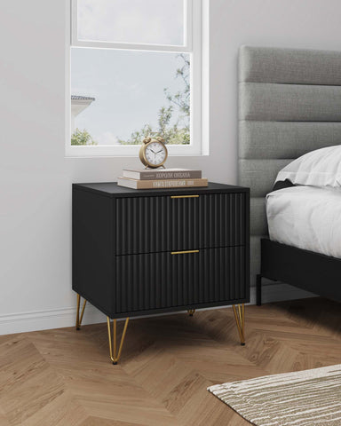 Manhattan Comfort Dumbo Modern 20" Fluted Nightstand in Black (2-Drawer)