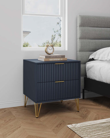 Manhattan Comfort Dumbo Modern 20" Fluted Nightstand in Midnight Blue (2-Drawer)