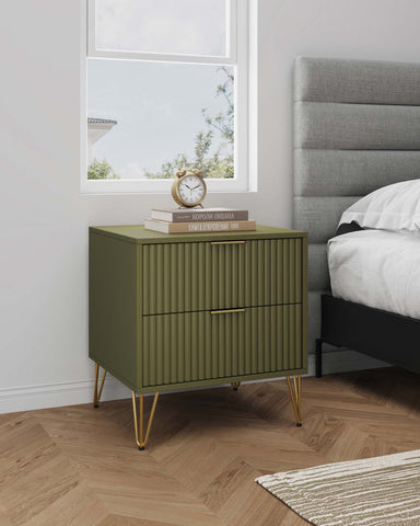 Manhattan Comfort Dumbo Modern 20" Fluted Nightstand in Olive Green (2-Drawer)