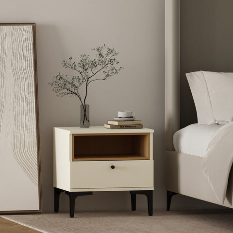 Manhattan Comfort Amara Modern 20" Nightstand in Cream and Light Oak (1-Drawer)