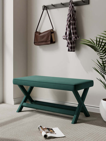 Manhattan Comfort Abigail Mid-Century Modern Velvet Upholstered Accent Bench in Forest Green