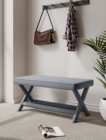 Manhattan Comfort Abigail Mid-Century Modern Velvet Upholstered Accent Bench in Gray