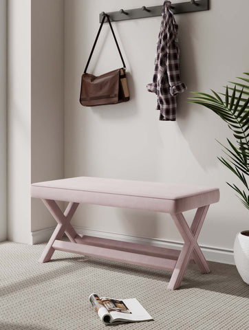 Manhattan Comfort Abigail Mid-Century Modern Velvet Upholstered Accent Bench in Pink