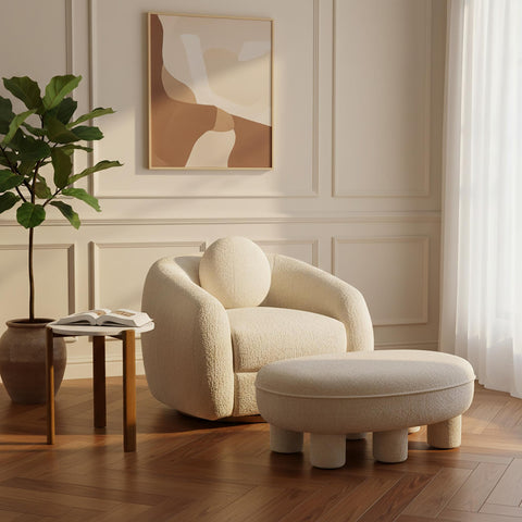 Manhattan Comfort Tribeca Mid-Century Modern Chenille Accent Ottoman in Cream
