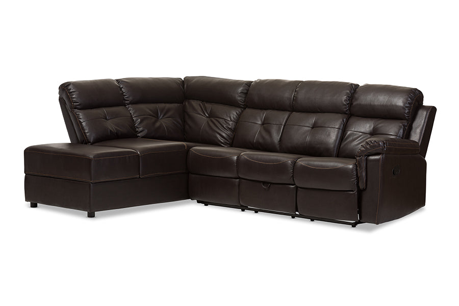 Baxton Studio Roland Modern and Contemporary Dark Brown Faux Leather 2-Piece Sectional with Recliner and Storage Chaise