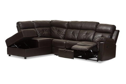 Baxton Studio Roland Modern and Contemporary Dark Brown Faux Leather 2-Piece Sectional with Recliner and Storage Chaise