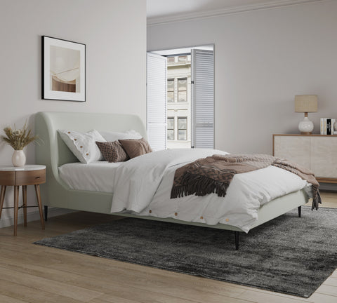 Manhattan Comfort Heather Mid-Century Modern Velvet Upholstered Queen Bed in Cream and Black