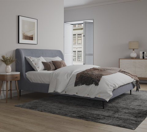 Manhattan Comfort Heather Mid-Century Modern Velvet Upholstered Queen Bed in Gray and Black