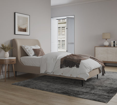 Manhattan Comfort Heather Mid-Century Modern Velvet Upholstered Twin Bed in Taupe and Black