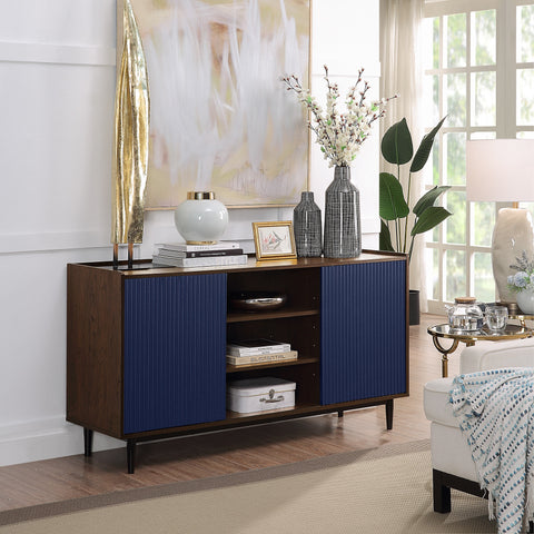 Manhattan Comfort Duane Mid-Century Modern 59" Fluted Sideboard in Navy Blue