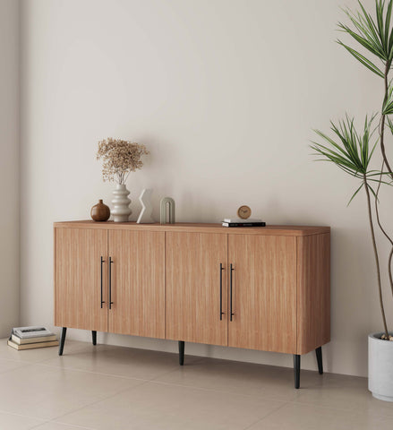 Manhattan Comfort Jodie Mid-Century Modern 65" Fluted Sideboard in Maple