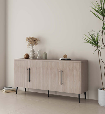 Manhattan Comfort Jodie Mid-Century Modern 65" Fluted Sideboard in Whitewashed Oak