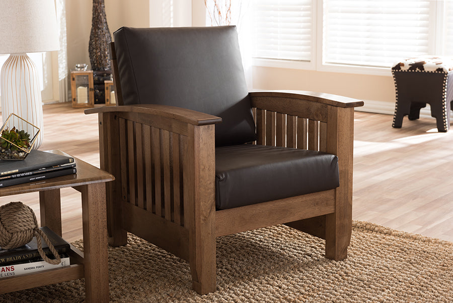 Baxton Studio Charlotte Modern Classic Mission Style Walnut Brown Wood and Dark Brown Faux Leather 1-Seater Lounge Chair