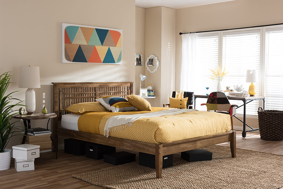 Baxton Studio Loafey Mid-Century Modern Solid Walnut Wood Window-Pane Style Queen Size Platform Bed 