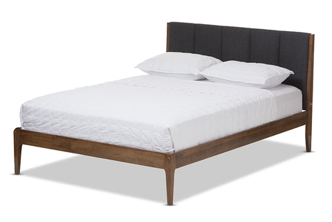 Baxton Studio Ember Mid-Century Dark Grey Fabric and Medium Brown Finish Wood King Size Platform Bed