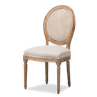 Baxton Studio Adelia French Vintage Cottage Weathered Oak Finish Wood and Beige Fabric Upholstered Dining Side Chair with Round Cane Back