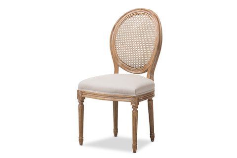 Baxton Studio Adelia French Vintage Cottage Weathered Oak Finish Wood and Beige Fabric Upholstered Dining Side Chair with Round Cane Back