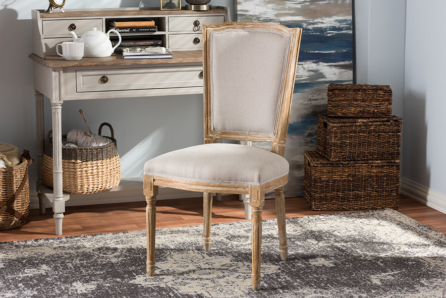 Baxton Studio Cadencia French Vintage Cottage Weathered Oak Finish Wood and Beige Fabric Upholstered Dining Side Chair
