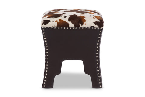 Baxton Studio Sally Modern and Contemporary Cow-print Patterned Fabric Brown Faux Leather Upholstered Accent Stool with Nail heads
