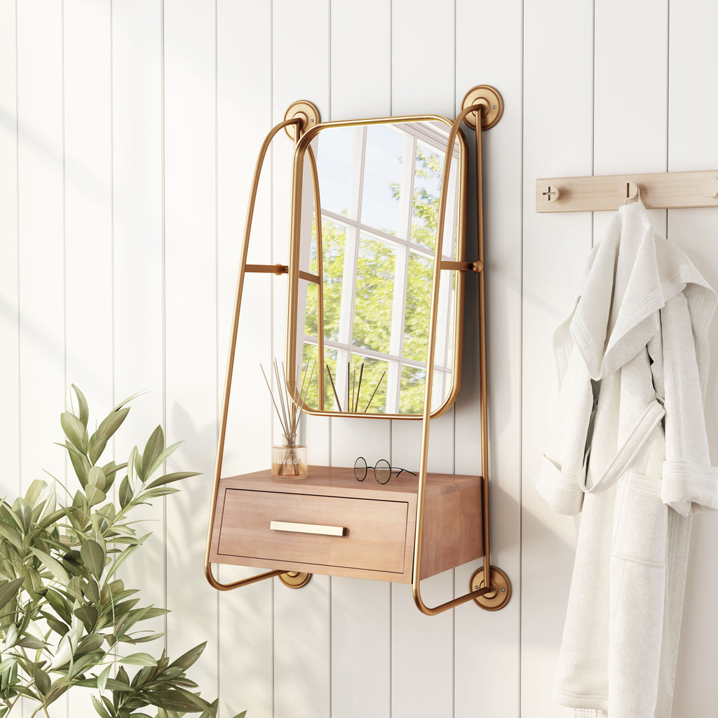 Zuo Peralta Mirror Shelf Brass & Brown