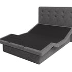 Dawn house bed angled. Gray upholstered bed frame on a light gray background