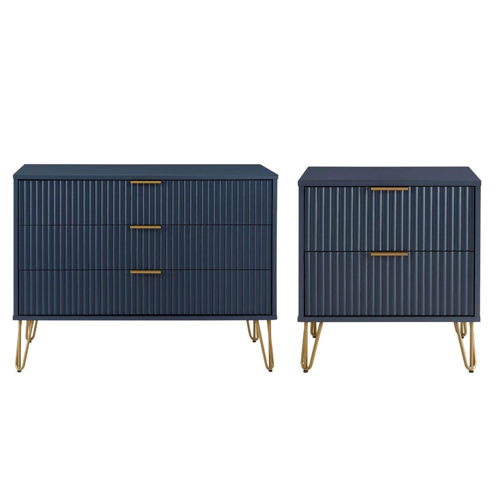 Manhattan Comfort2-Piece DUMBO Modern Standard 3-Drawer Dresser and DUMBO Modern 2.0 Nightstand in Midnight Blue