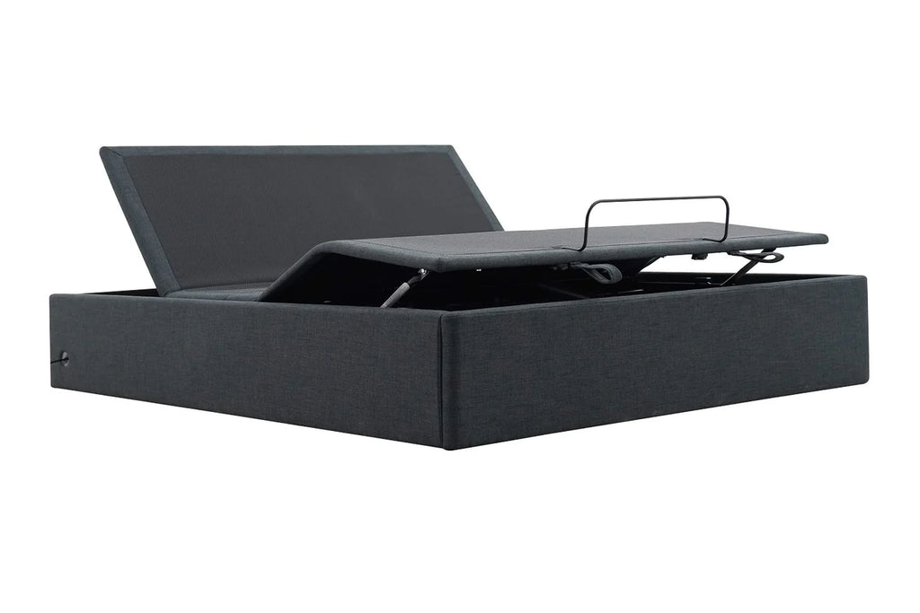 Ergomotion STOW Storage Adjustable Bed with lifting headboard on a white background.