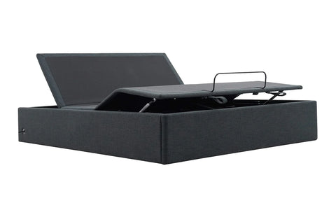 Ergomotion STOW Storage Adjustable Bed with lifting headboard on a white background.