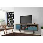 Manhattan Comfort Liberty 70.86 Mid Century - Modern TV Stand with 4 Shelving Spaces and 1 Drawer - Rustic Brown and Aqua Blue - TV Stands