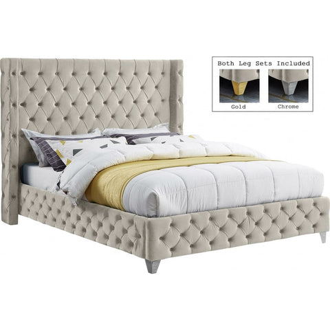 Meridian Furniture Savan Velvet Queen Bed - Cream - Bedroom Beds