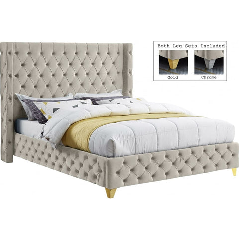 Meridian Furniture Savan Velvet Queen Bed - Cream - Bedroom Beds
