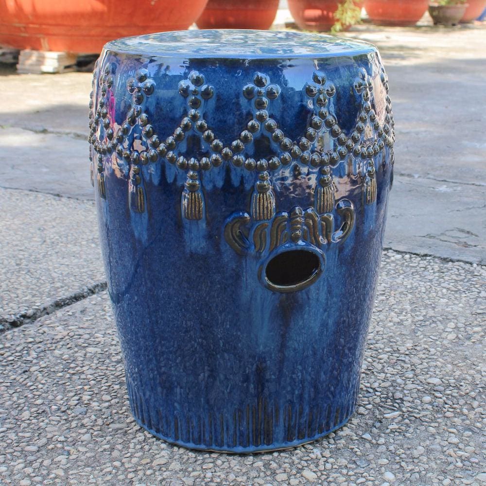 International Caravan Tasseled Drum Creamic Garden Stool - Navy Blue Glaze - Outdoor Furniture