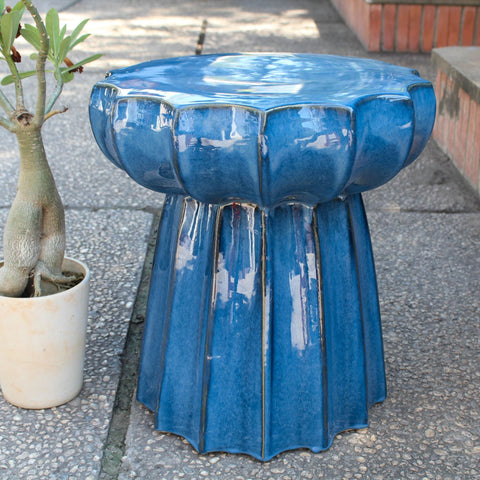 International Caravan Round Scalloped Ceramic Garden Stool - Navy Blue Glaze - Outdoor Furniture