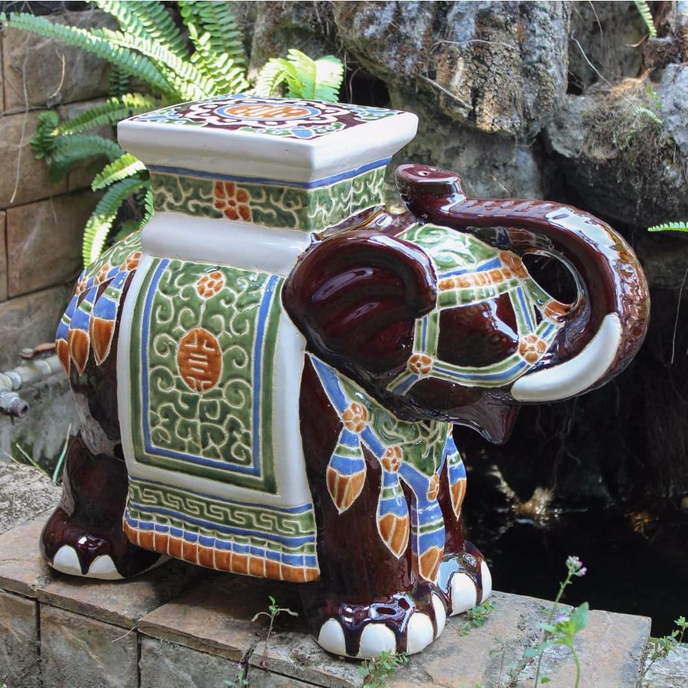 International Caravan Large Porcelain Elephant Stool - Brown Mix - Outdoor Furniture