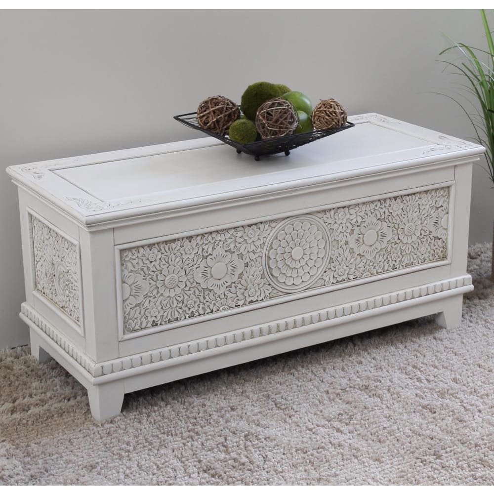 International Caravan Windsor Carved Wood Trunk - Antique White - Other Tables