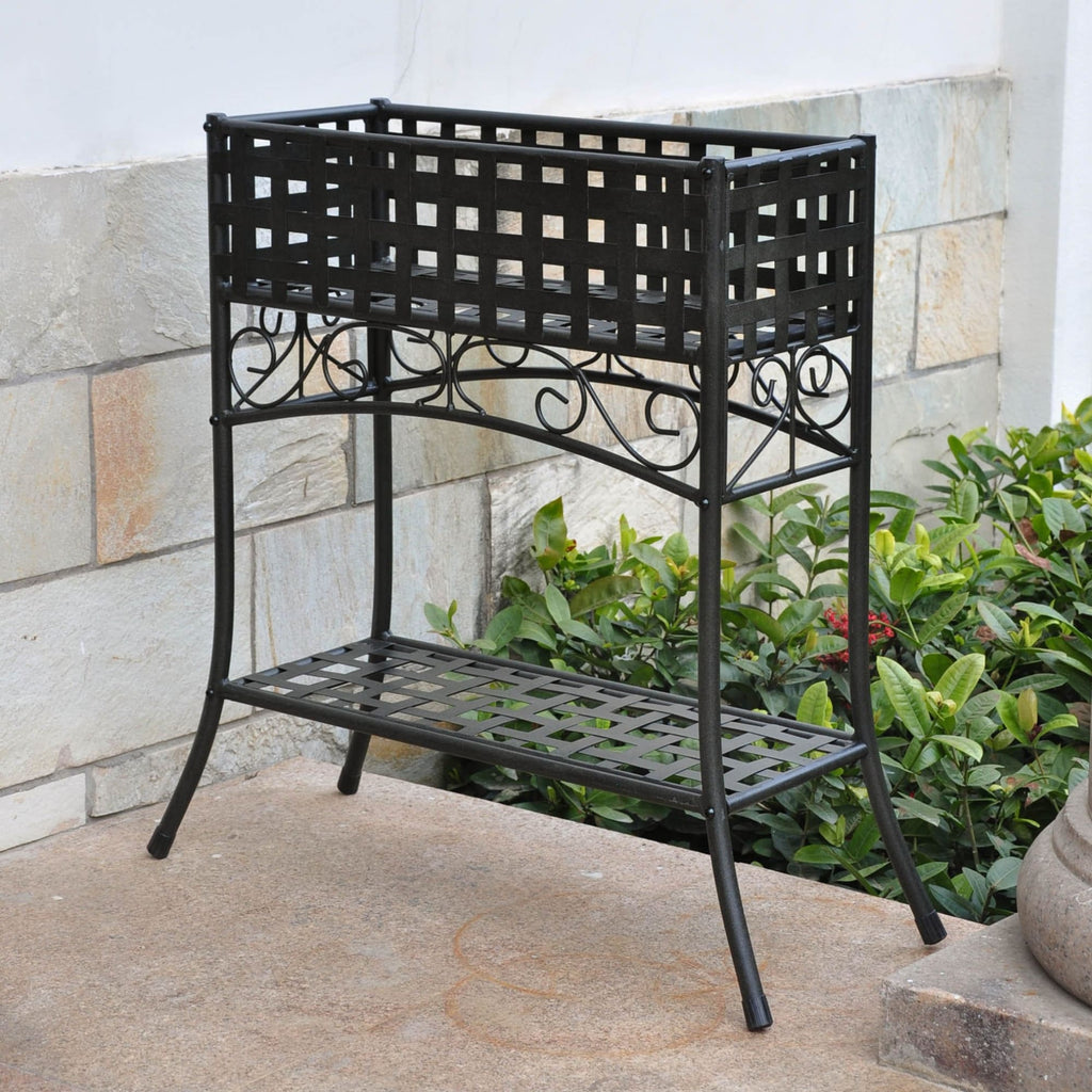 International Caravan Mandalay Iron Rectangular Plant Stand - Antique Black - Outdoor Furniture