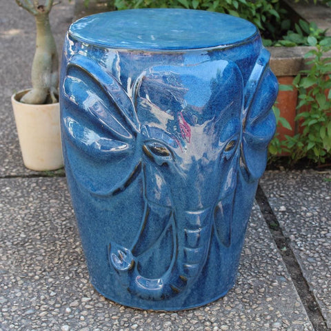 International Caravan Wild Elephant Drum Ceramic Garden Stool - Navy Blue Glaze - Outdoor Furniture