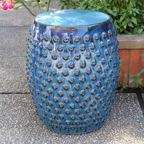 International Caravan Perforated Drum Ceramic Garden Stool - Navy Blue Glaze - Outdoor Furniture