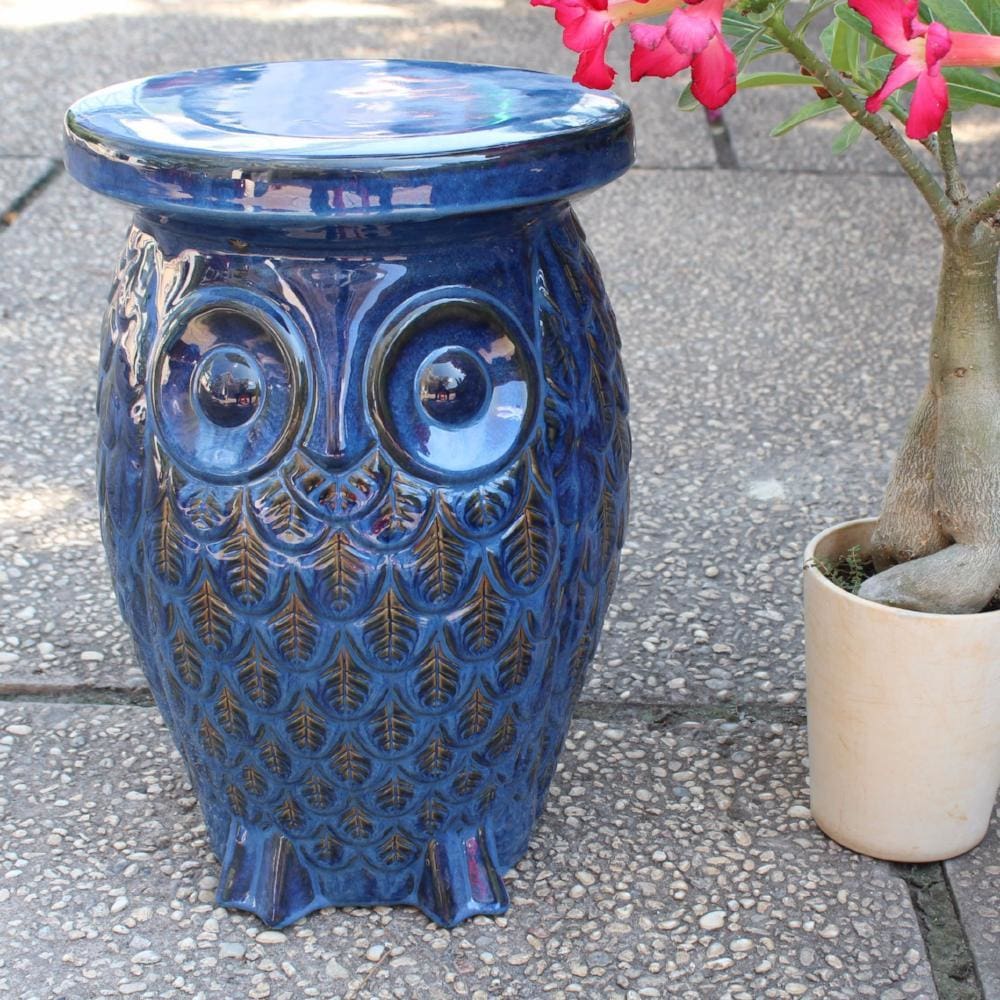 International Caravan Wise Old Owl Ceramic Garden Stool - Navy Blue Glaze - Outdoor Furniture