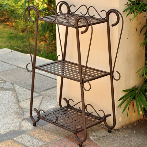 International Caravan Santa Fe Iron Nailhead 3-Tier Plant/Utility Shelf - Rustic Brown - Outdoor Furniture