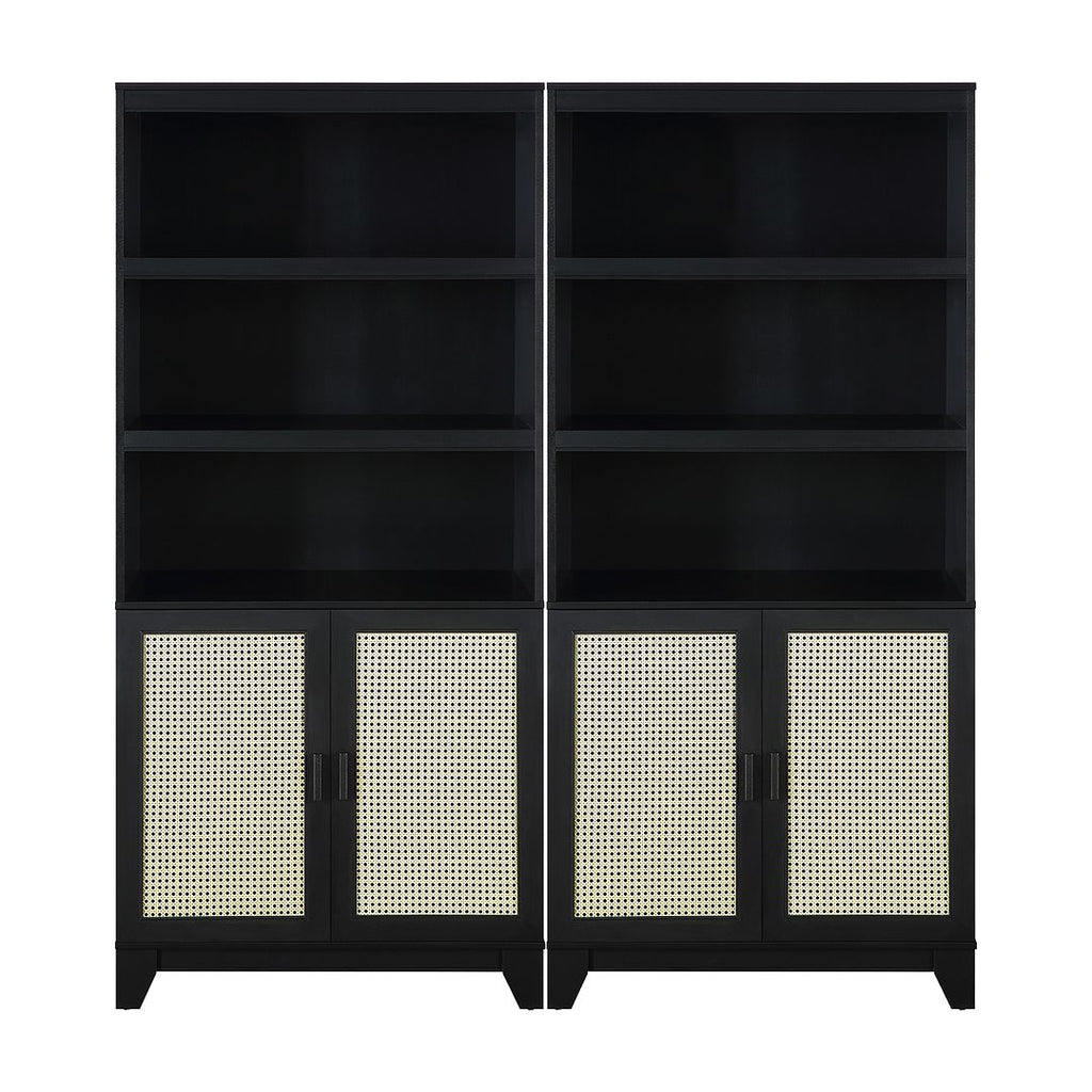 Manhattan Comfort Sheridan Modern Cane Bookcase with Adjustable Shelves in Black - Set of 2-Modern Room Deco