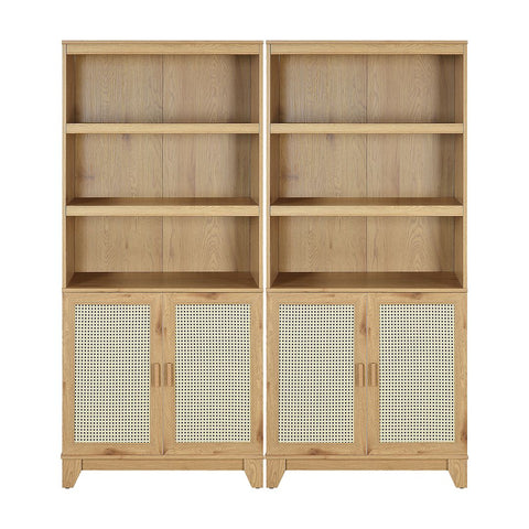 Manhattan Comfort Sheridan Modern Cane Bookcase with Adjustable Shelves in Nature - Set of 2-Modern Room Deco
