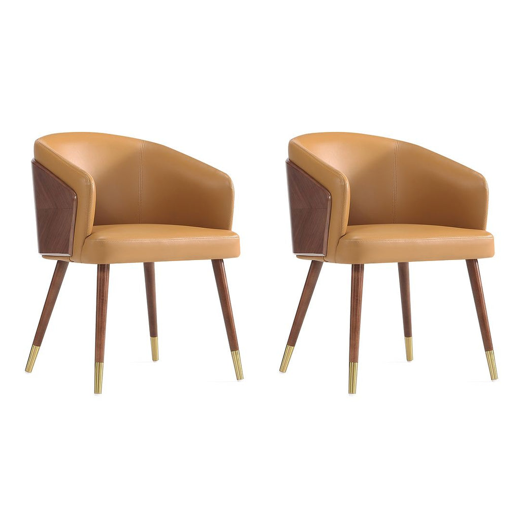Manhattan Comfort Modern Reeva Dining Chair Upholstered in Leatherette with Beech Wood Back and Solid Wood Legs in Walnut and Camal- Set of 2-Modern Room Deco