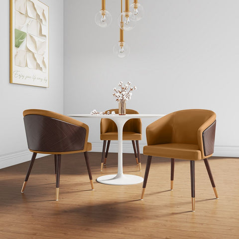 Manhattan Comfort Modern Reeva Dining Chair Upholstered in Leatherette with Beech Wood Back and Solid Wood Legs in Walnut and Camal- Set of 2-Modern Room Deco