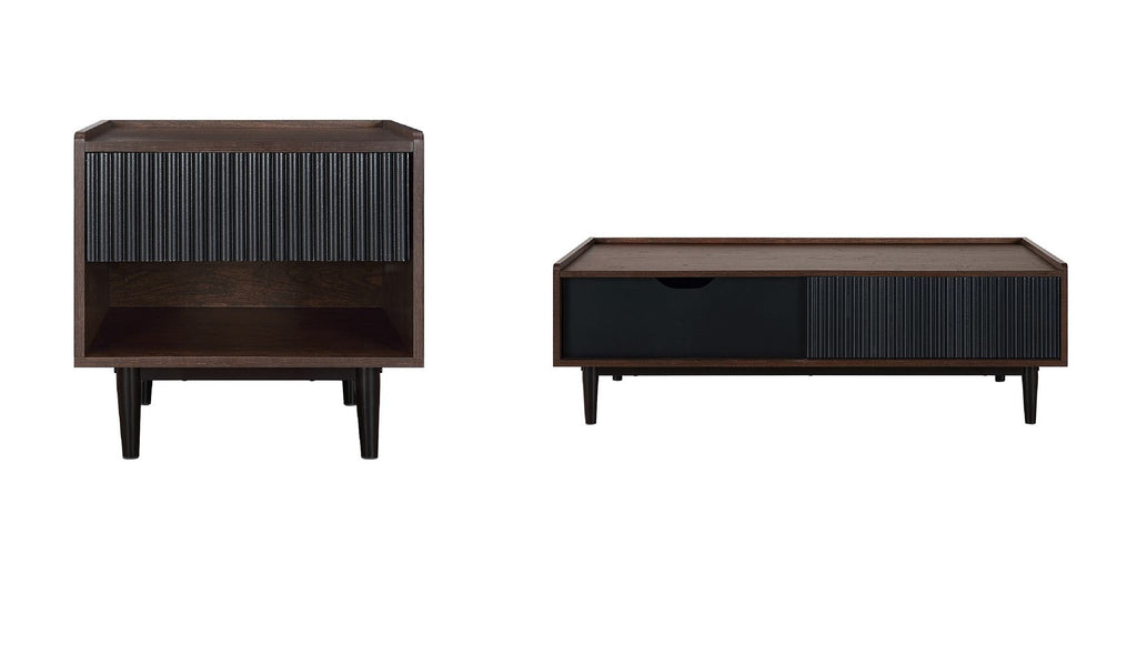 Manhattan Comfort Duane Modern Ribbed End Table and Coffee Table in Dark Brown and Black-Modern Room Deco