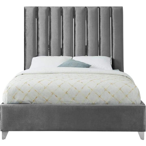 Meridian Furniture Enzo Velvet Queen Bed - Grey - Bedroom Beds