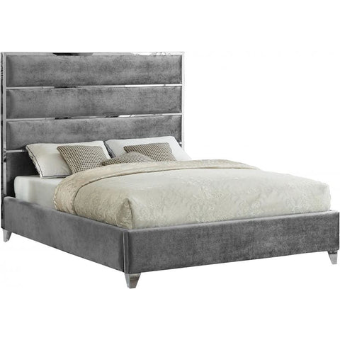 Meridian Furniture Zuma Velvet Queen Bed - Grey - Bedroom Beds