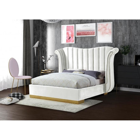 Meridian Furniture Flora Velvet Queen Bed - White - Bedroom Beds