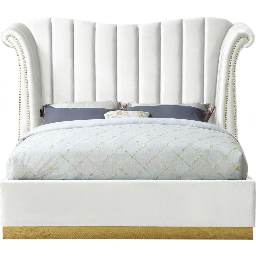 Meridian Furniture Flora Velvet Queen Bed - White - Bedroom Beds